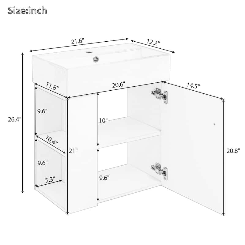 21.6" Floating Bathroom Vanity with Ceramic Sink - Left-Side Storage, Space-Saving for Small Bathrooms