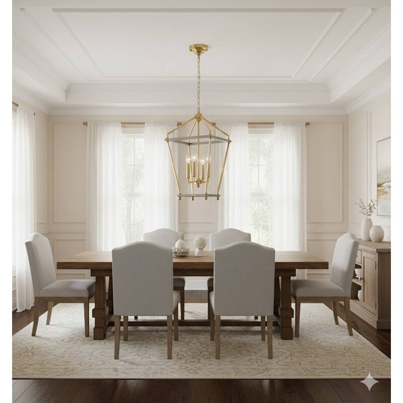 5-Light Antique Brass and Grey Metal Frame Chandelier