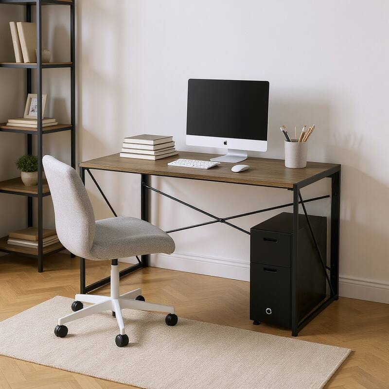 Homy Casa Modern Folding Desk with Black Metal Frame and Wood Top - Black
