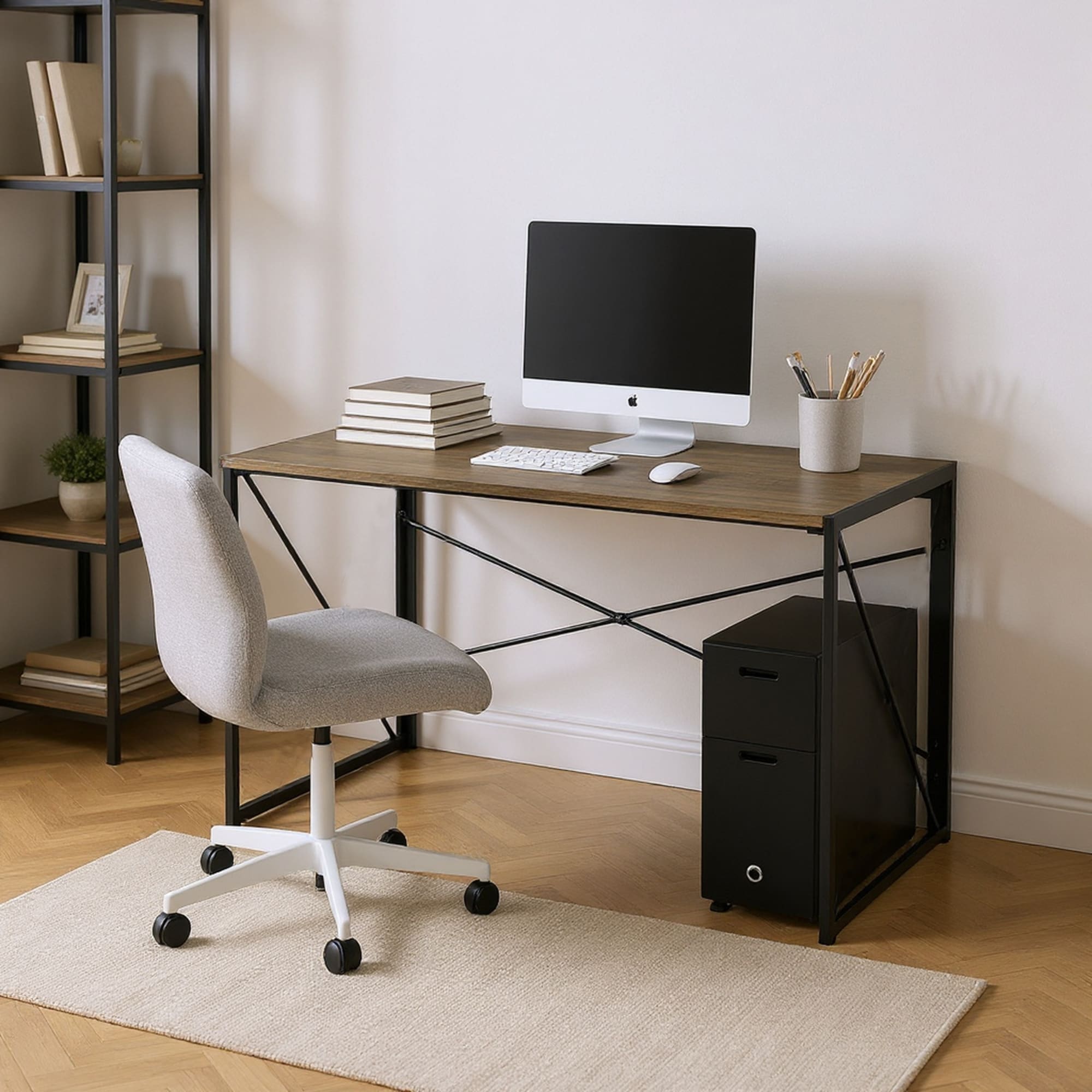 Homy Casa Modern Folding Desk with Black Metal Frame and Wood Top