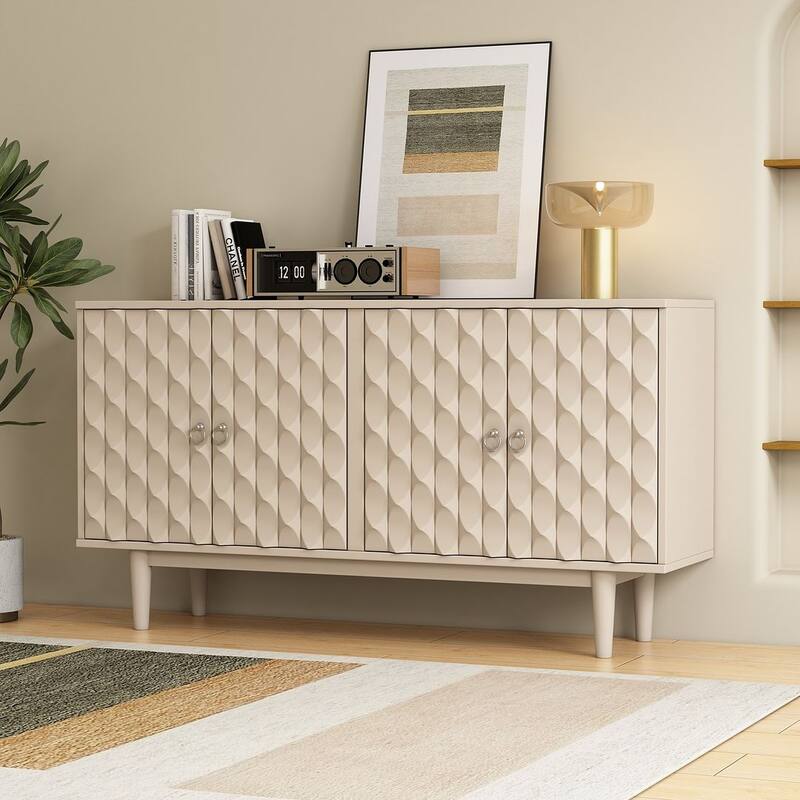 60" Modern 4-Door with Convex Pattern Doors and Silver Handles Buffet/Sideboard