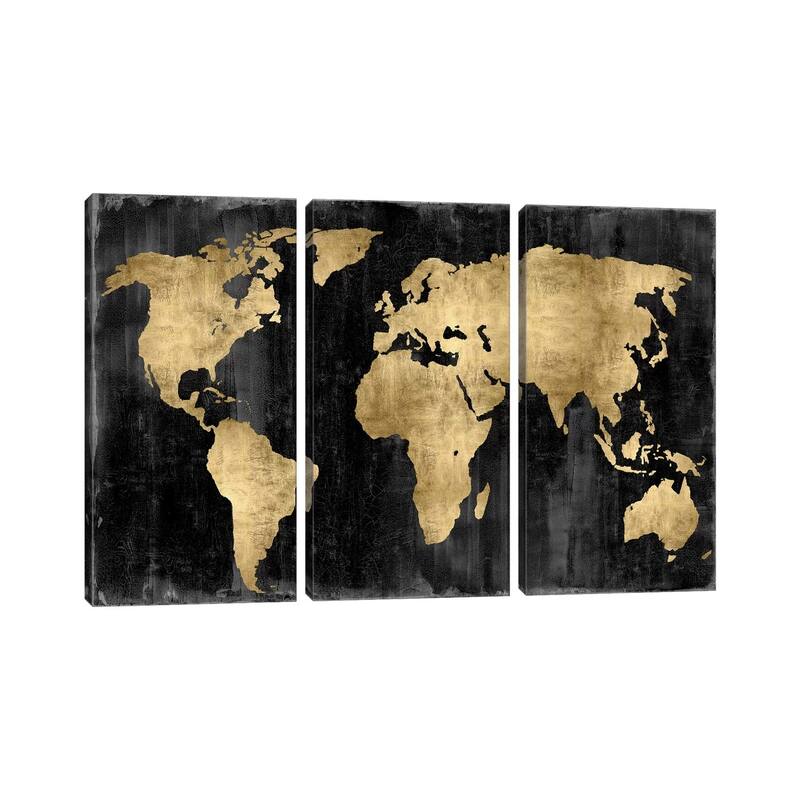 iCanvas "The World - Gold On Black" by Russell Brennan 3-Piece Canvas Wall Art Set