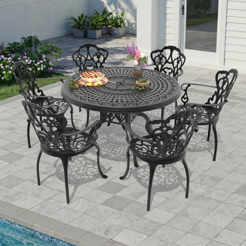 5/7-Piece Cast Aluminum Outdoor Dining Set with 47.24 in. Round Table and Seat Cushions