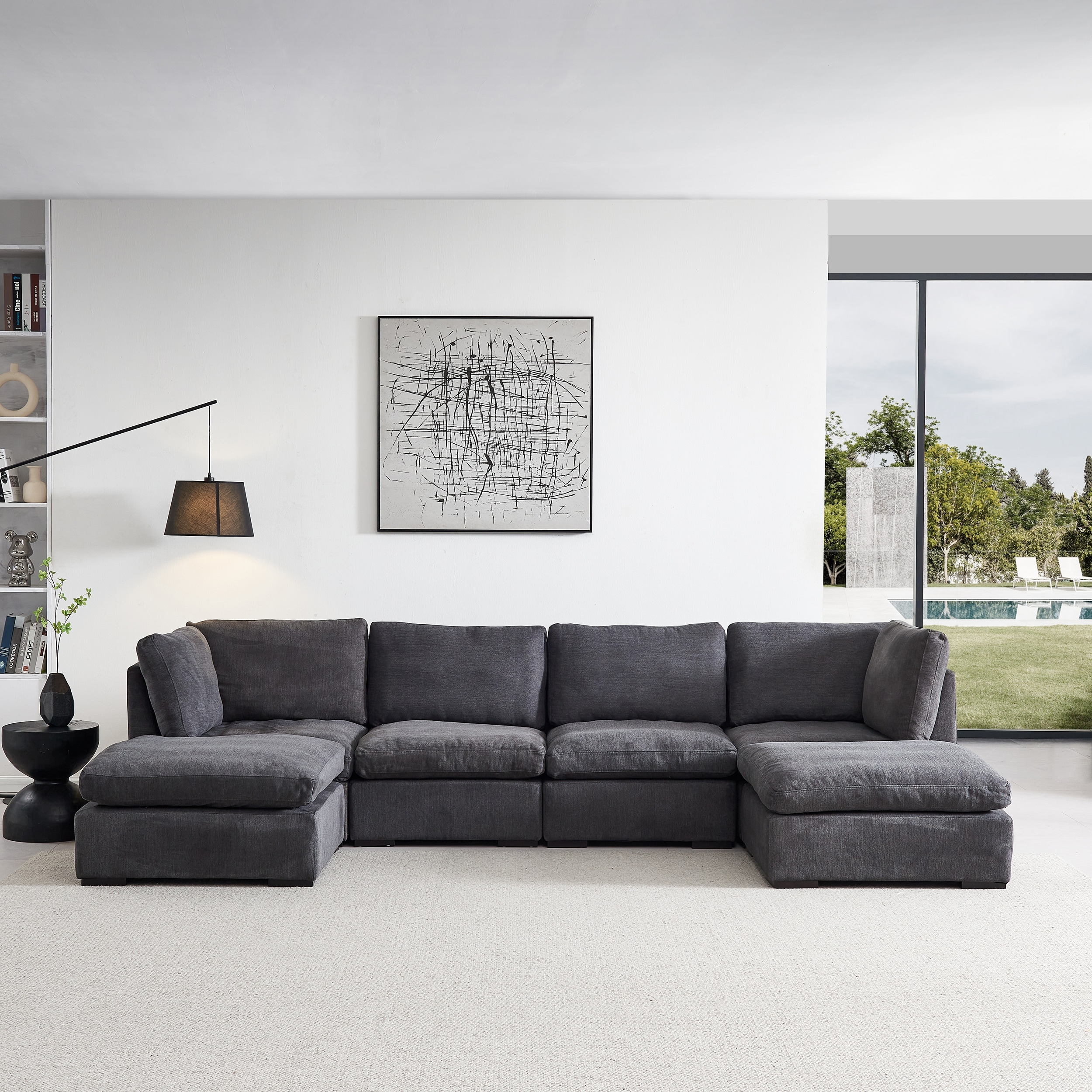 Down Filled Linen U Shape Sectional Sofa with Ottoman and Solid