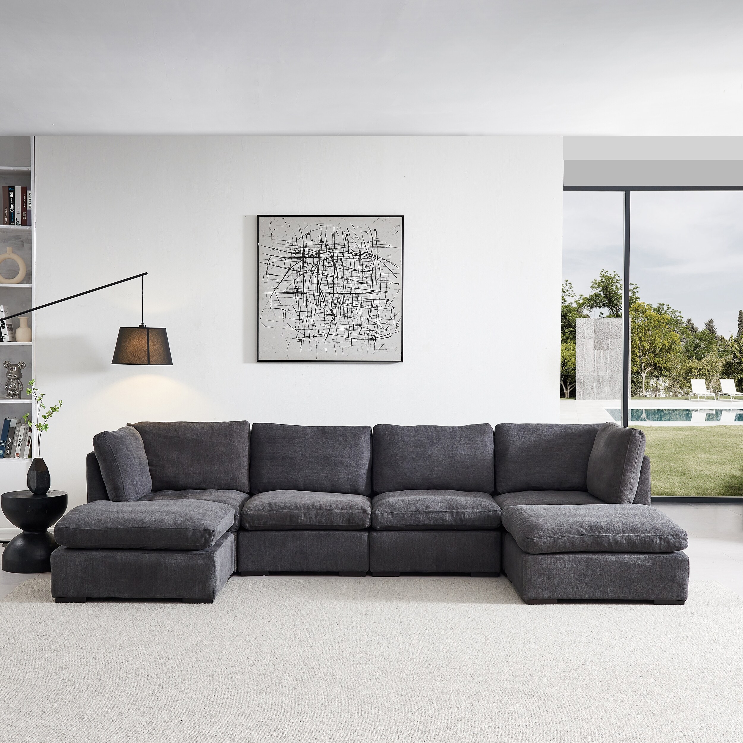 Linen U Shape Modular Sectional Sofa with Ottoman Filled with