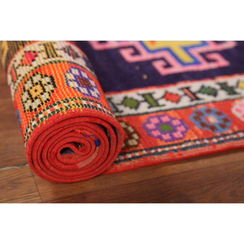 Navy Blue Anatolian Oriental Vintage Runner Rug Handmade Wool Carpet - 2'10"x 12'0"