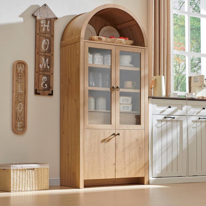 71" Tall Arched Kitchen Pantry Cabinet – Modern Farmhouse Storage Cabinet with Adjustable Shelves, Hidden Drawer