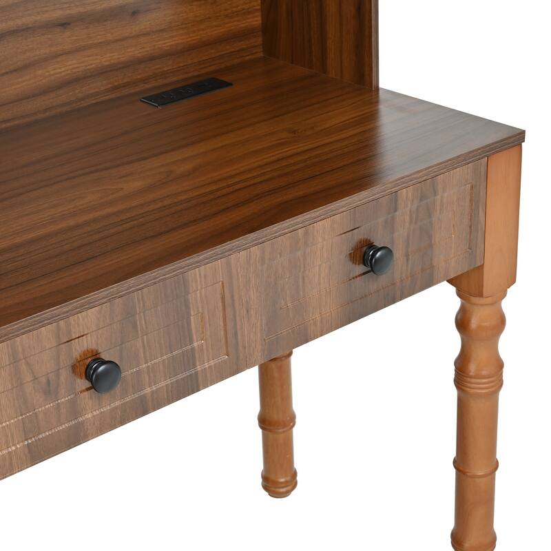 Retro Office Desk Executive Computer Desk with Charging Ports & Hutch, 5 Storage Drawers, Glass-Door Bookshelf