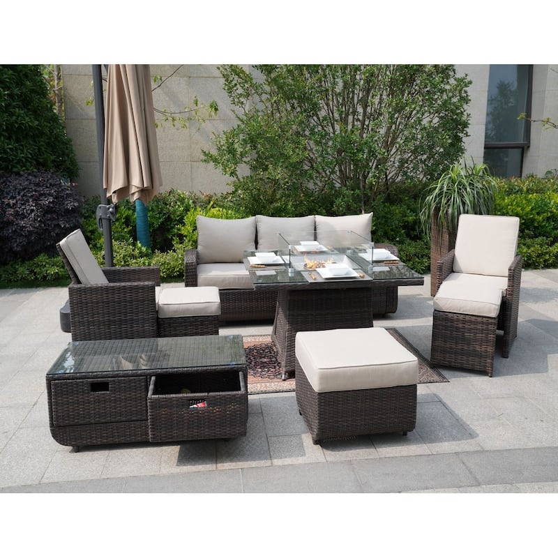 Outdoor Wicker Sofa Patio Set Seating Furniture with Fire Pit Table