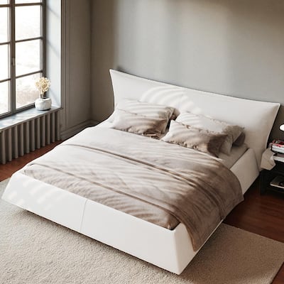 Queen/King Size Upholstered Platform Bed with Oversized Velvet Headboard, Solid Wood & Metal Frame, No Box Spring Needed