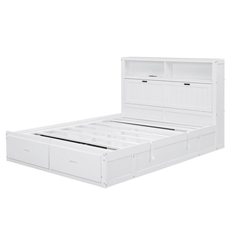Queen Size Wood Platform Bed with LED Headboard Charging Station 2 Drawers Hydraulic Storage