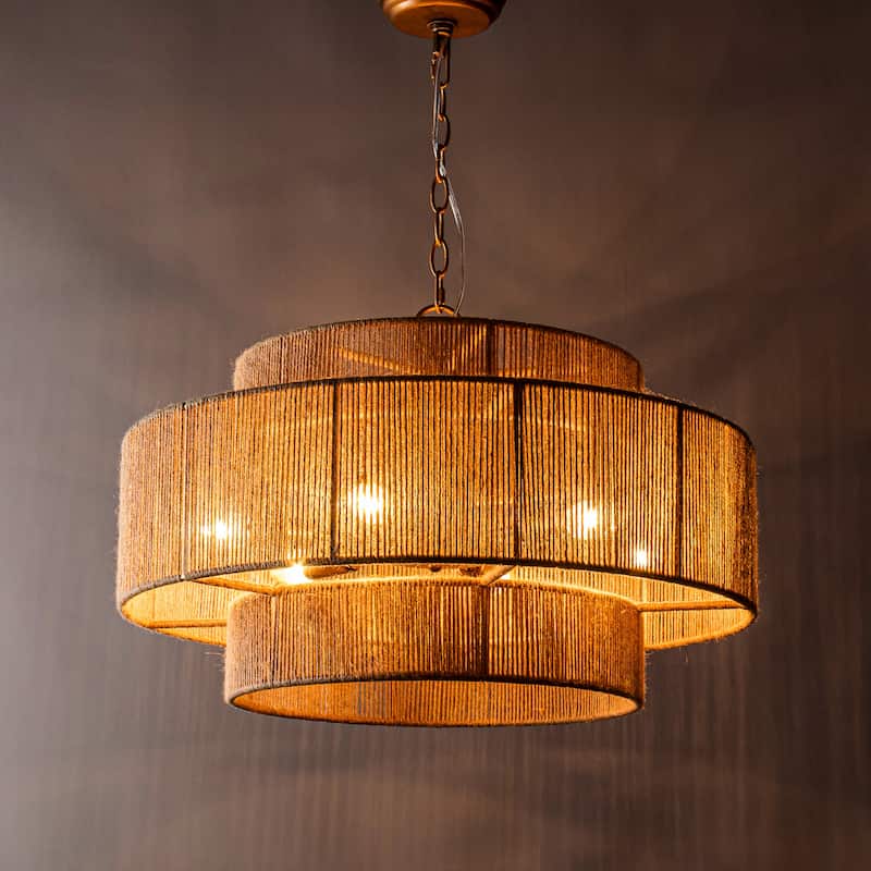 Bohemian Brown Hemp Rope Tiered Drum Chandelier Light - 23.62 "W x 15.16"H