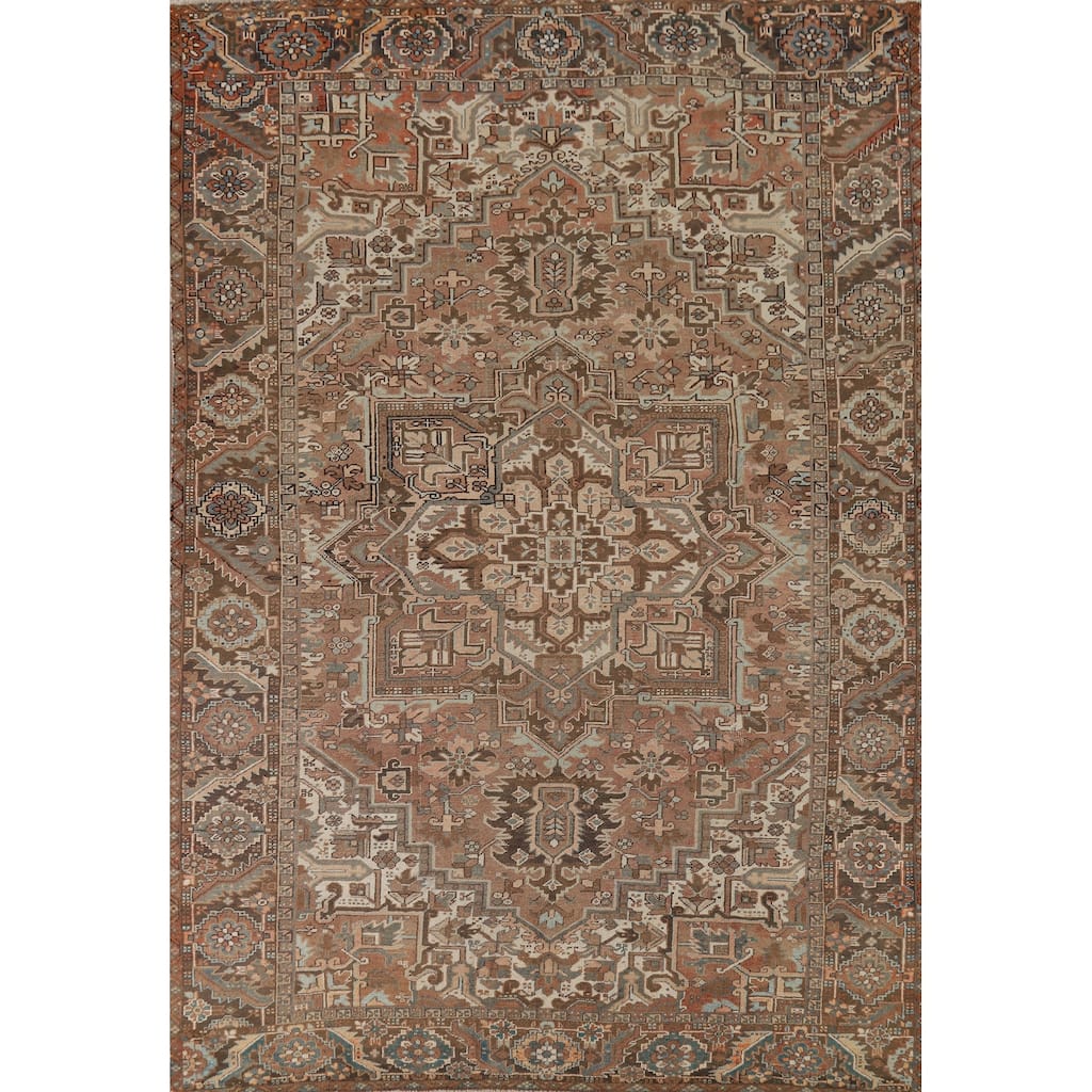 Geometric Heriz Vintage Persian Area Rug Hand-Knotted Wool Carpet - 8'0" x 10'9"