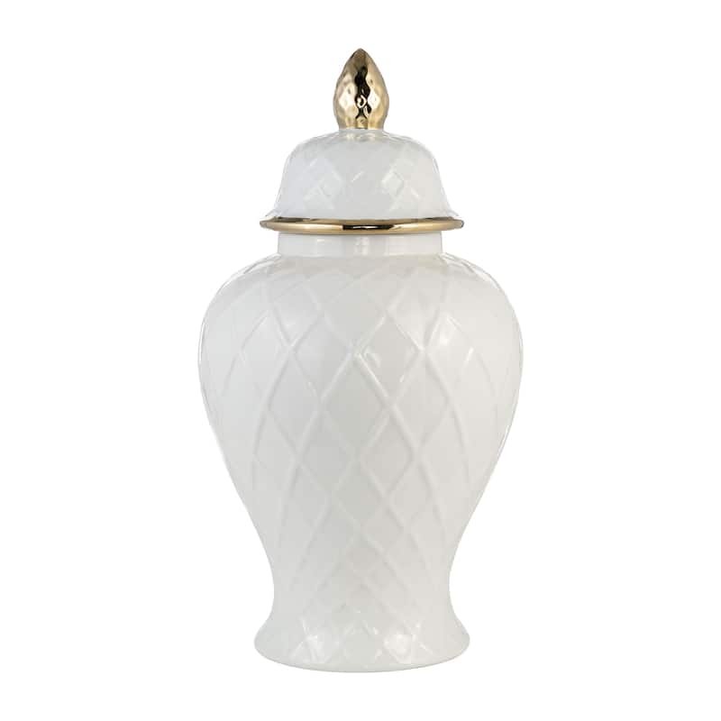Sagebrook Home Gold Accented Glam Ginger Jar with Lid - 11" x 11" x 20" - Rope White