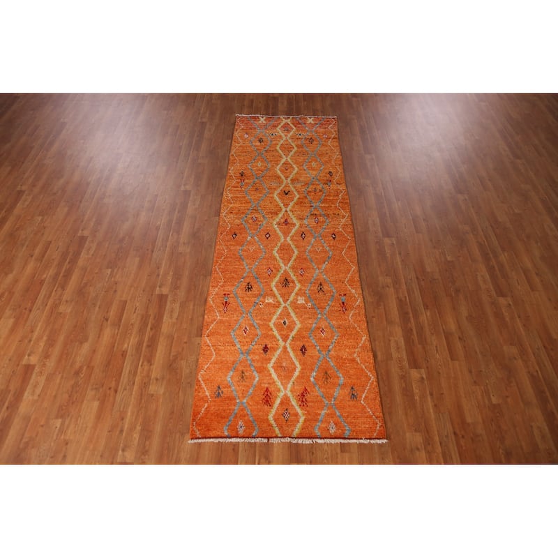 Orange Moroccan Runner Rug Handmade Hallway Wool Carpet - 3'2" x 9'9"