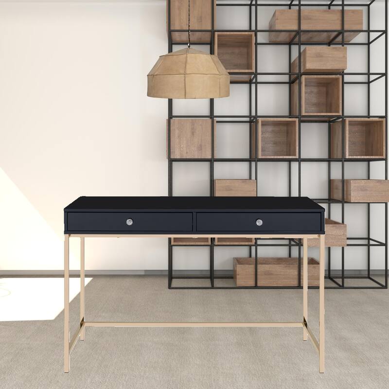 Black Wood Writing Desk with Gold Metal Base, Drawers and Shelving