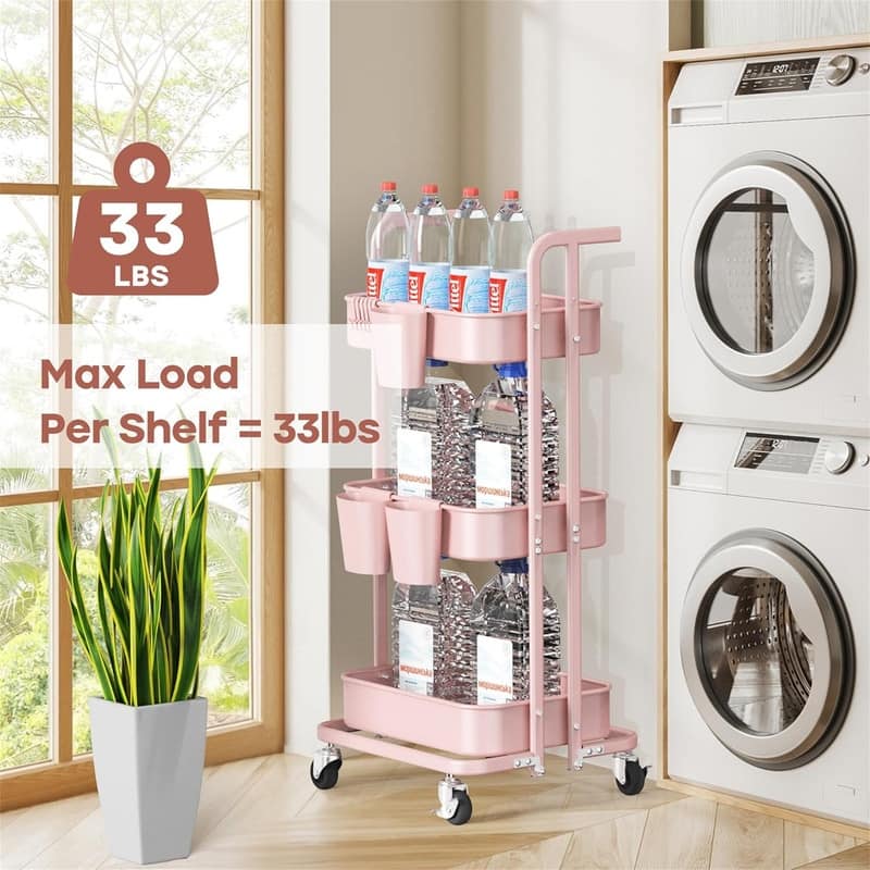 3 Tier Foldable Rolling Cart - 15"D x 17.2"W x 36.6"H