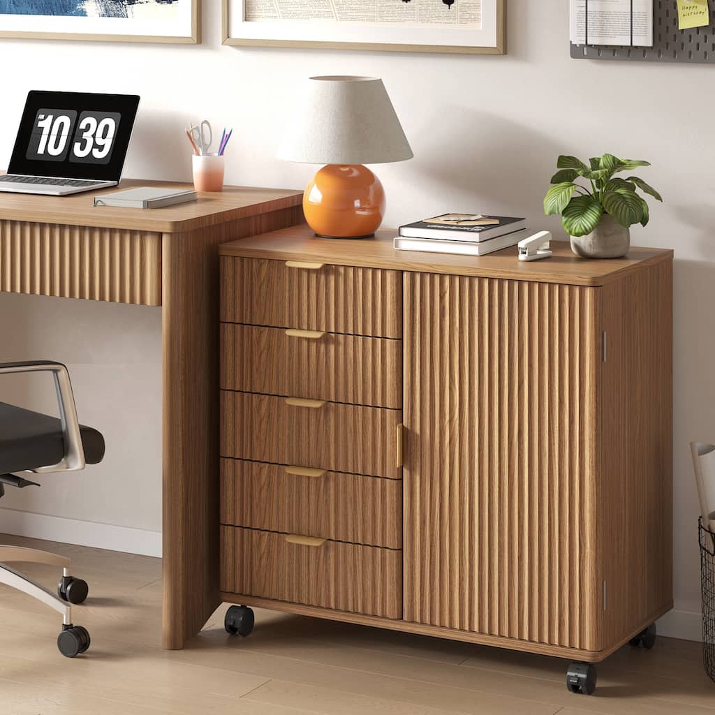 Bestier Rolling Fluted Wood File Cabinet with 5 Drawers & Adjustable Shelves, Mobile Office Storage Cabinet with Gold Handles