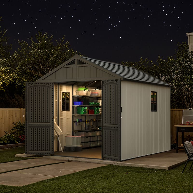 Patiowell 8' x 6' / 8' x 8' / 8' x 10 '/ 8' x 12' Plastic Outdoor Shed With Floor for Patio Furniture, Tools (Kick-It Shed)