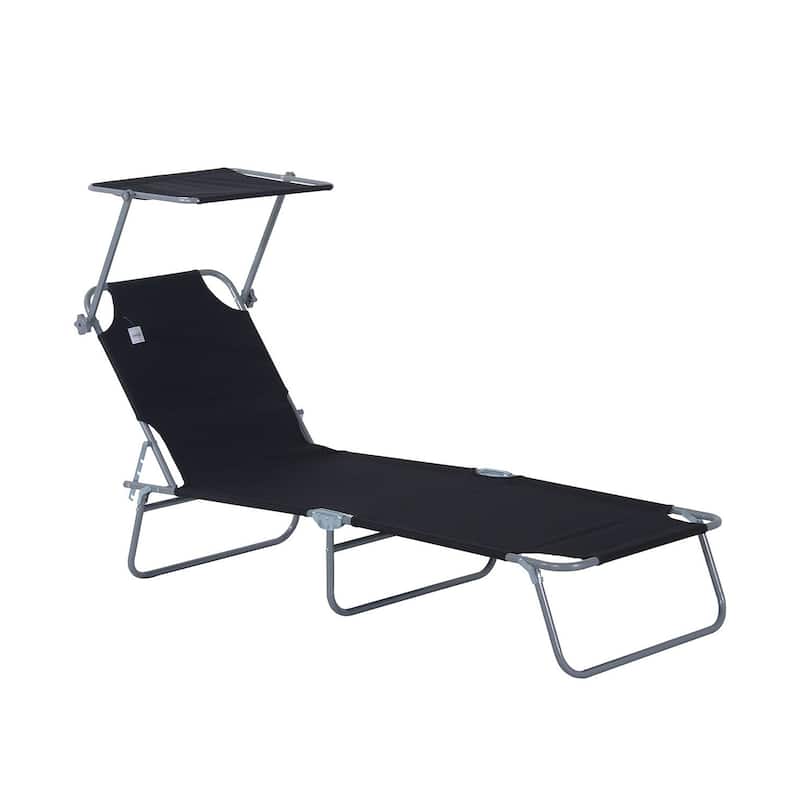 Outdoor Portable Lounge Chair, Adjustable Folding Chaise Lounge with Sun Shade - Black