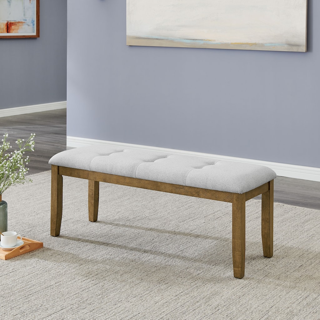 Walnut Oak Dining Bench in Light Gray Fabric with Tufting