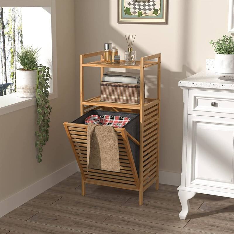 Bamboo Tilt-Out Laundry Hamper Cabinet - 13.07"D x 17.33"W x 37.72"H - Natural&gray - 13.07"D x 17.33"W x 37.72"H