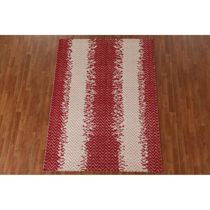 Hand Knotted Oriental 100% Wool Carpet Modern Chevron Red Moroccan Area Rug - 7' 0'' X 5' 1''