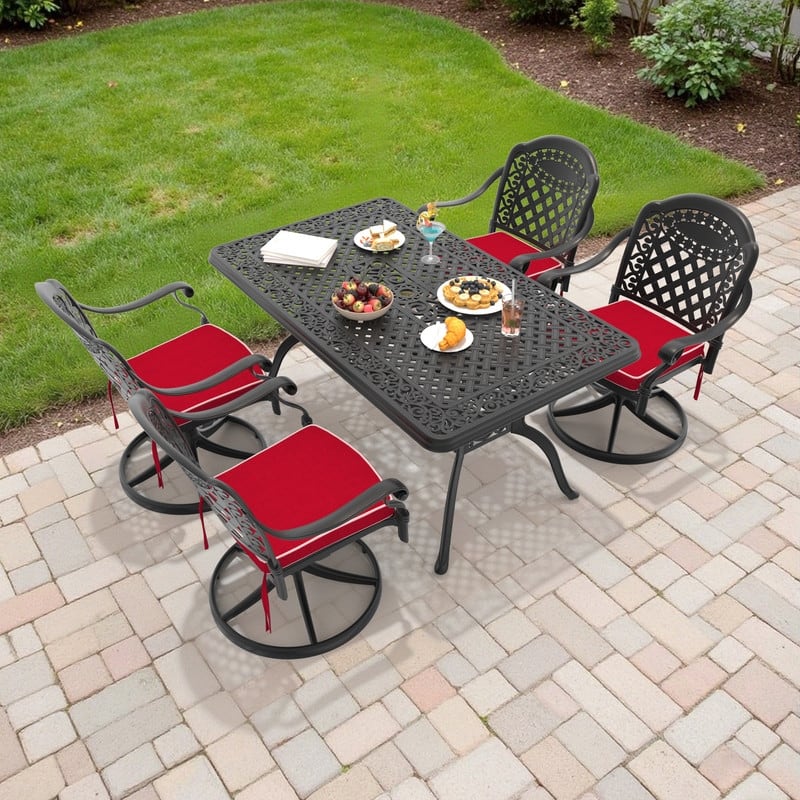 5-Piece Aluminum Rectangular Outdoor Patio Dining Set, 4 Cushioned Swivel Chairs, Table, All-Weather Frames