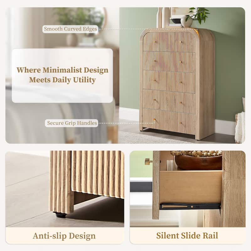 Modern Fluted 5 Drawers Dresser, Wood Chest of Drawers for Bedroom