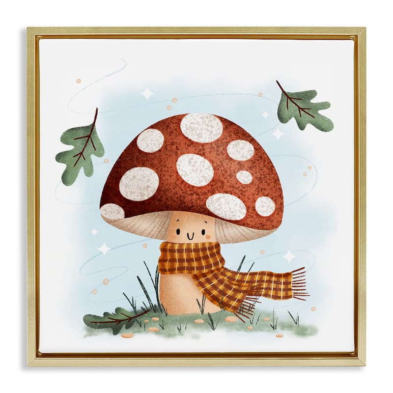 Stupell Happy Mushroom in Scarf Framed Floater Canvas Wall Art Design By Sarah Hickman - 18 x 18 - Gold