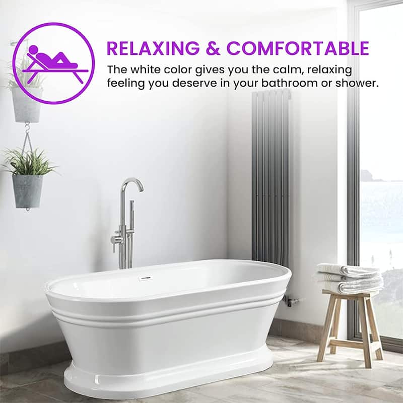 Vanity Art 59" Freestanding Acrylic Soaking Bathtub with Overflow & Pop-up Drain