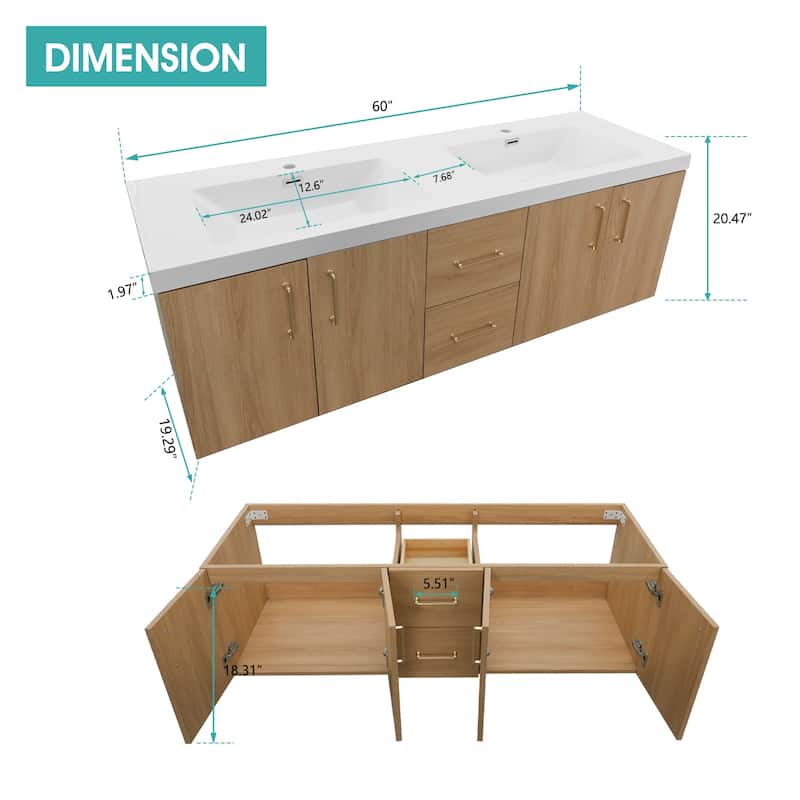 Prismella 60" 72" 84" Wall-Mount Double Sink Bathroom Vanity in Oak with Top