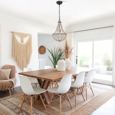 Modern Farmhouse 1-Light Wood Beaded Mini Chandelier Foyer Island Pendant Lights