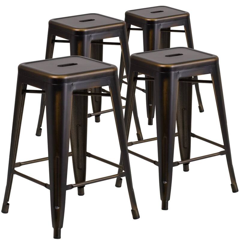 4 Pack 24" High Backless Distressed Metal Indoor-Outdoor Counter Height Stool