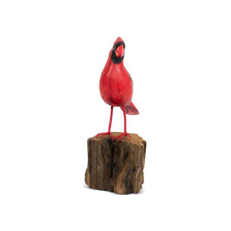 Wood Cardinal Bird Figurine - Hand Carved Red Songbird Sculpture, Rustic Wildlife Decor - 7.5" tall x 3.5" wide x 3" deep