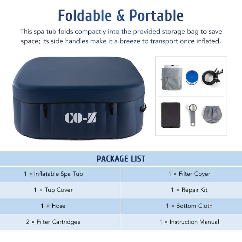 CO-Z Square Inflatable Hot Tub, 4 Person Blow Up Portable Hot Tub