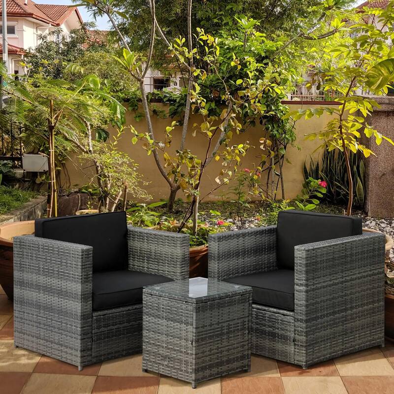 Wicker Bistro Patio Set, 2 Porch Chairs and Glass Table
