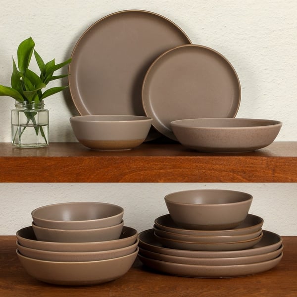 Gibson Elite Laguna Bliss 16 Piece Stoneware Reactive Glaze (Service for 4) Ceramic Plates and Bowls Dinnerware Set - Matte Beige-Gray W/ Terracotta Bottom