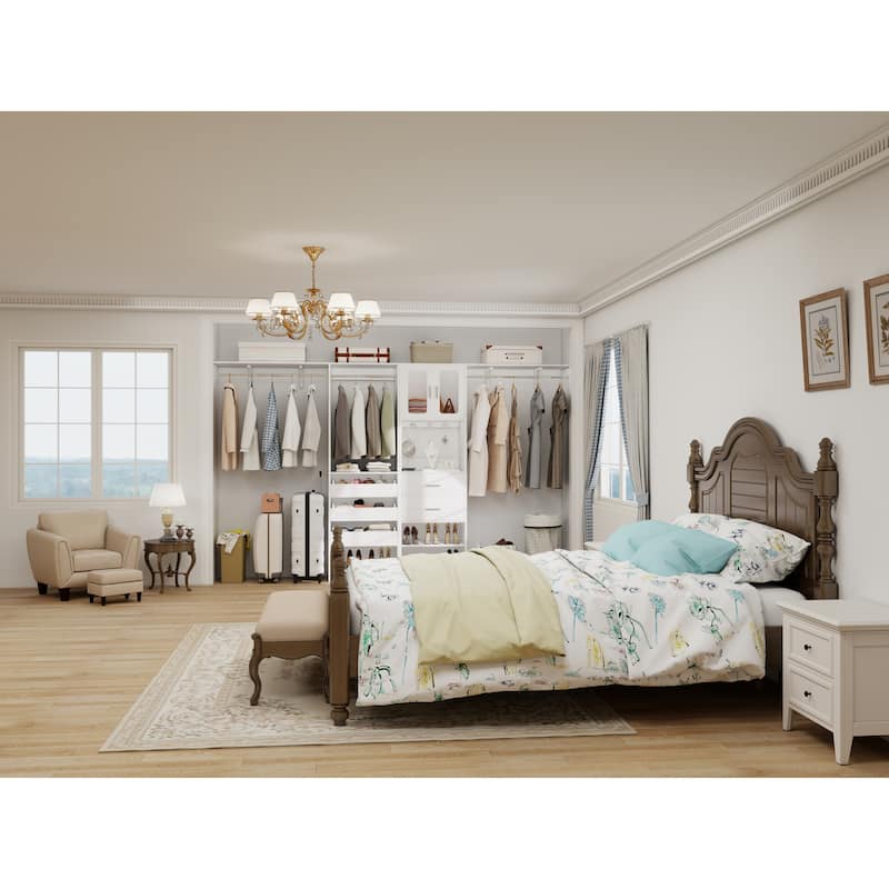 80"-120" Closet System With Door and Wooden Drawers, Closet Organizer System with 3 Haning Rods and Storage Shelves
