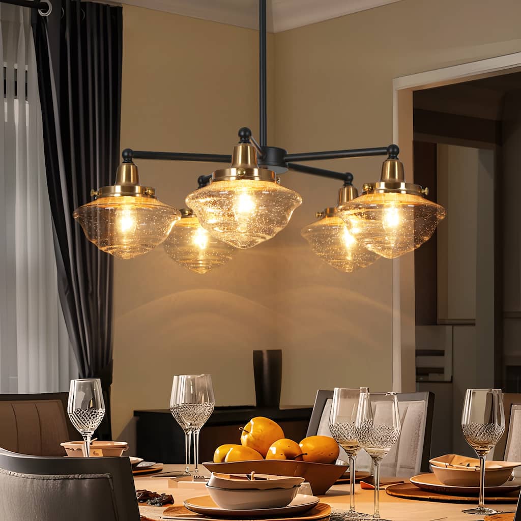 Mid-Century Modern 3/5-Light Black Gold Wheel Chandelier Seeded Glass Pendant Light for Dining Room