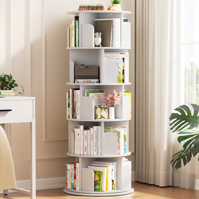4/5/6 Tiers Round Rotating Bookcase, Revolving Floor Standing Bookshelf Corner Organizer Display - White-5T