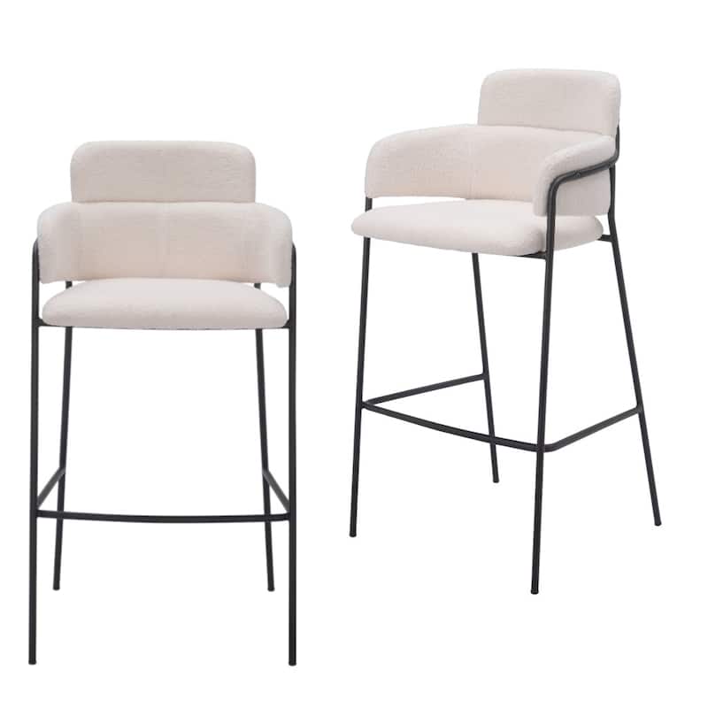 HomeRoots Set of Two 30" Cream and Black Faux Shearling and Steel Bar Height Bar Chairs