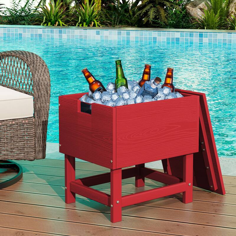 Outdoor Patio Weather Resistant HDPE Coffee & Side Table, Build-in Stainless Steel Cooler Bucket