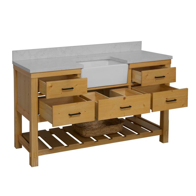 KitchenBathCollection Charlotte 60" Single Farmhouse Bathroom Vanity with Engineered Carrara Top