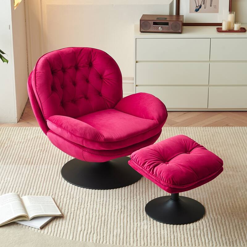 Swivel Leisure Chair Velvet Upholstered Lounge Chair Comfortable Deep Buttons Backrests Chair with Ottoman