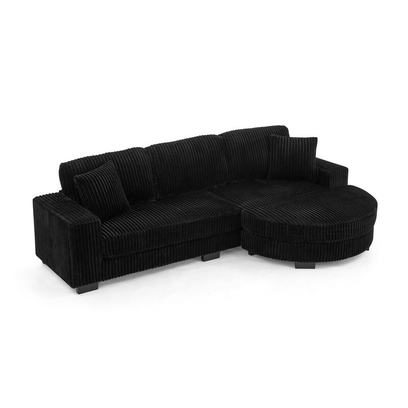 Anmytek Black Corduroy Tufted Sleeper Sectional Sofa L-Shaped Modular Convertible with Reversible Arc Footstool