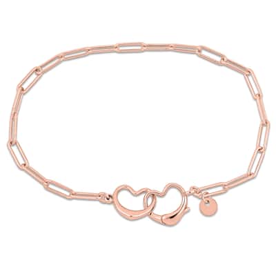 Miadora Paper Clip Link Bracelet with double heart clasp in Rose Sterling Silver