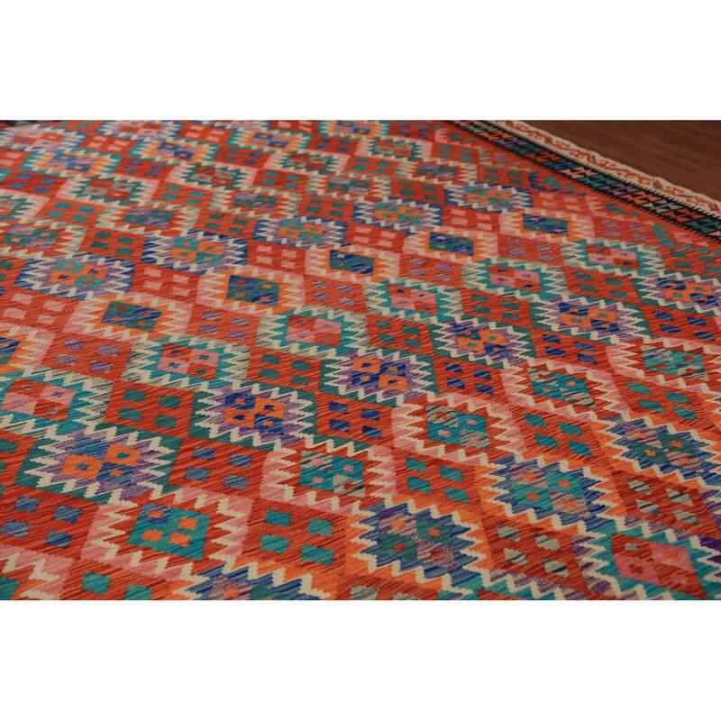 Reversible Kilim Oriental Rug Hand-Woven Geometric Wool Carpet - 10'8"x 13'3"