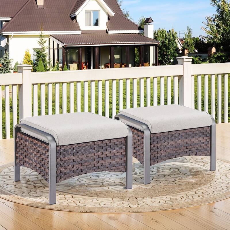 Gymojoy Industrial Style Outdoor Wicker Patio Ottomans Set of 2