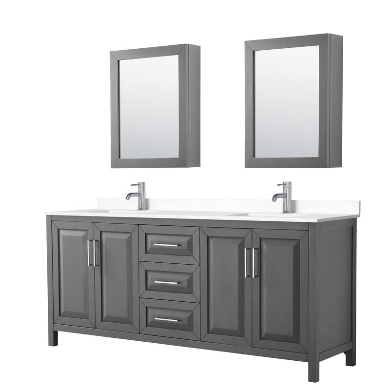 Daria 80 Inch Double Vanity, Cultured Marble Top, Medicine Cabinets - Dark Gray, Chrome Trim, White Cultured Marble Top